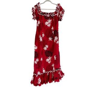 Vintage 80s Red Hawaiian Tropical Ruffle Maxi Dress Asymmetric Hem Medium